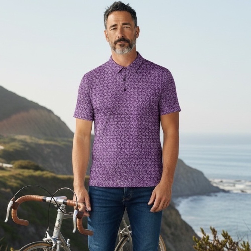 1764‎ Signature Mens Gear Up Bicycle Print Performance Polo Shirt Purple Large